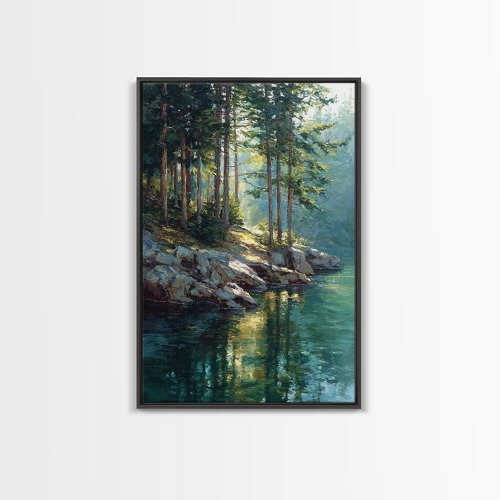 Sunlit Pine Forest Lake Painting Wall Art, Nature Landscape Art Print, Cabin Decor, Rustic Living Room Wall Decor Gift For Her
