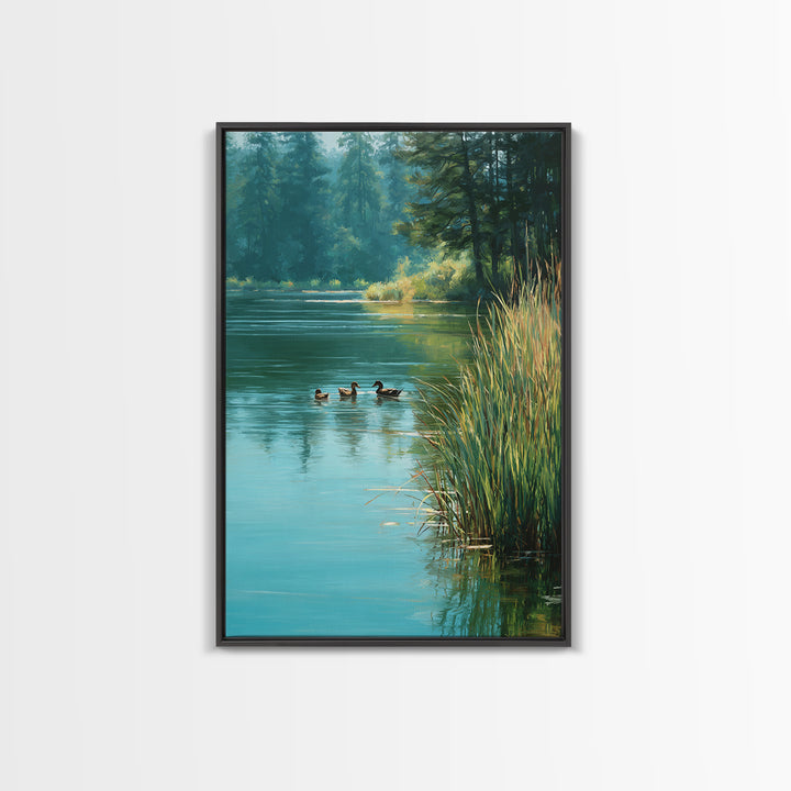 Tranquil Ducks On A Calm Lake Nature Scene Oil Painting Canvas Print For Rustic Living Room Wall Art And Cabin Home Decor