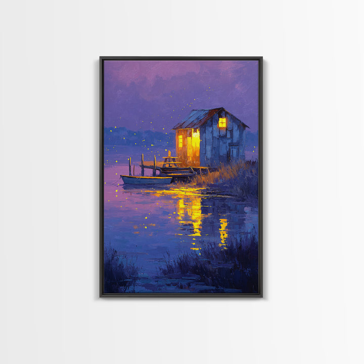 Rustic Night Lakeside Cabin With Boat Oil Painting Wall Art For Cozy Living Room Decor And Tranquil Bedroom Framed Canvas Print