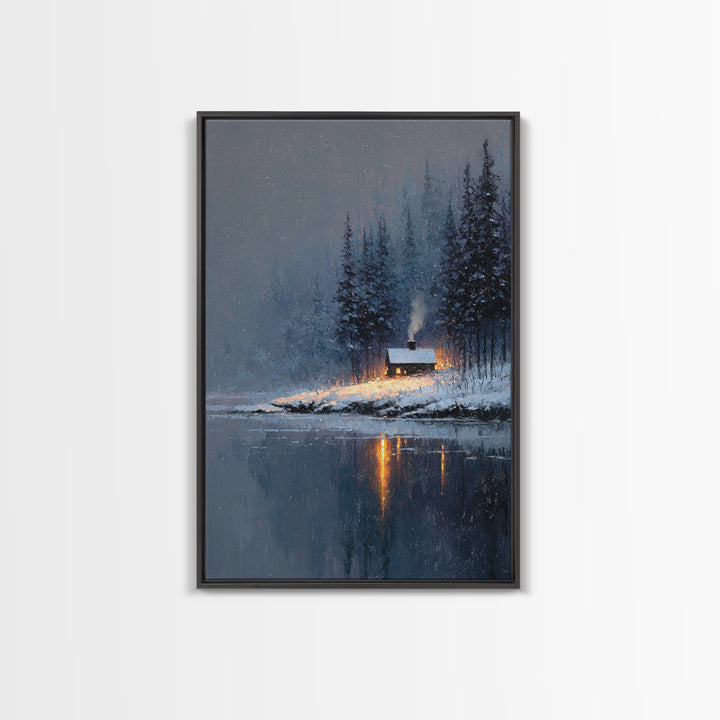 Cozy Winter Cabin Snowy Landscape Lake Reflection Oil Painting Canvas Print Framed Wall Art For Rustic Decor