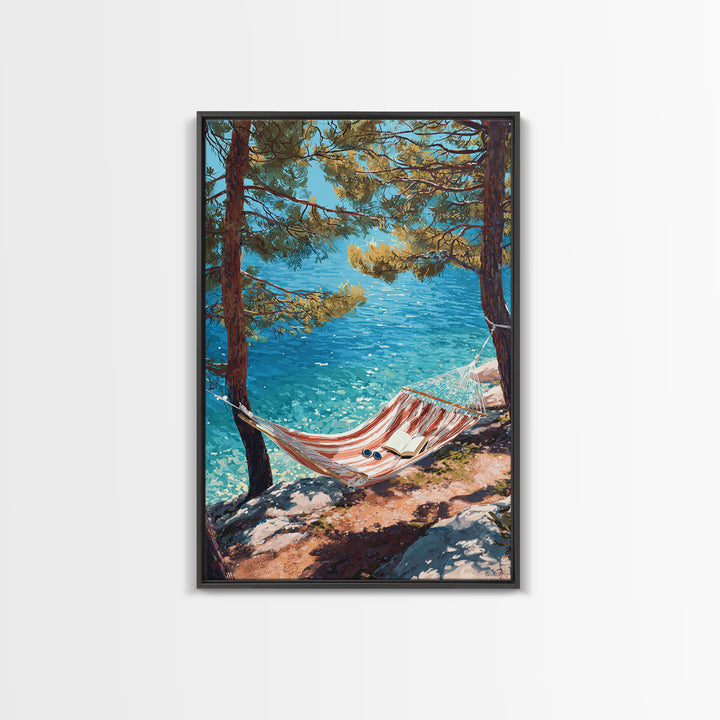 Tranquil Coastal Scene With Hammock Overlooking Sparkling Blue Ocean Landscape Painting Canvas Print Framed Canvas Print Wall Art Decor