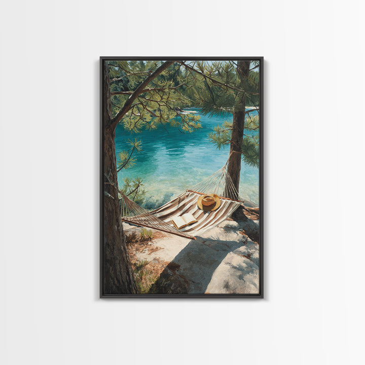Tranquil Lakeside Hammock Scene Canvas Print, Relaxing Summer Vacation Wall Art, Cozy Home Decor Living Room Art