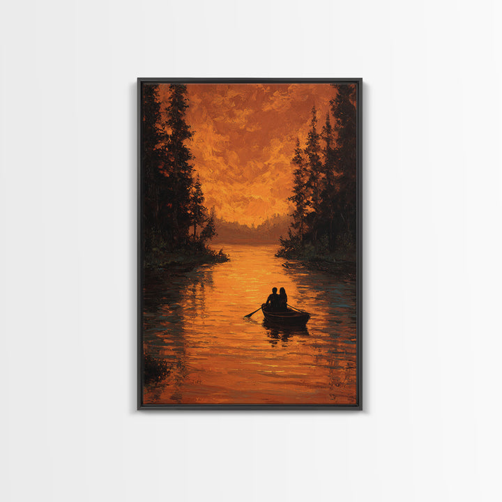 Romantic Autumn Evening Couple Rowing Boat Sunset Landscape Painting Large Wall Art Framed Canvas Print