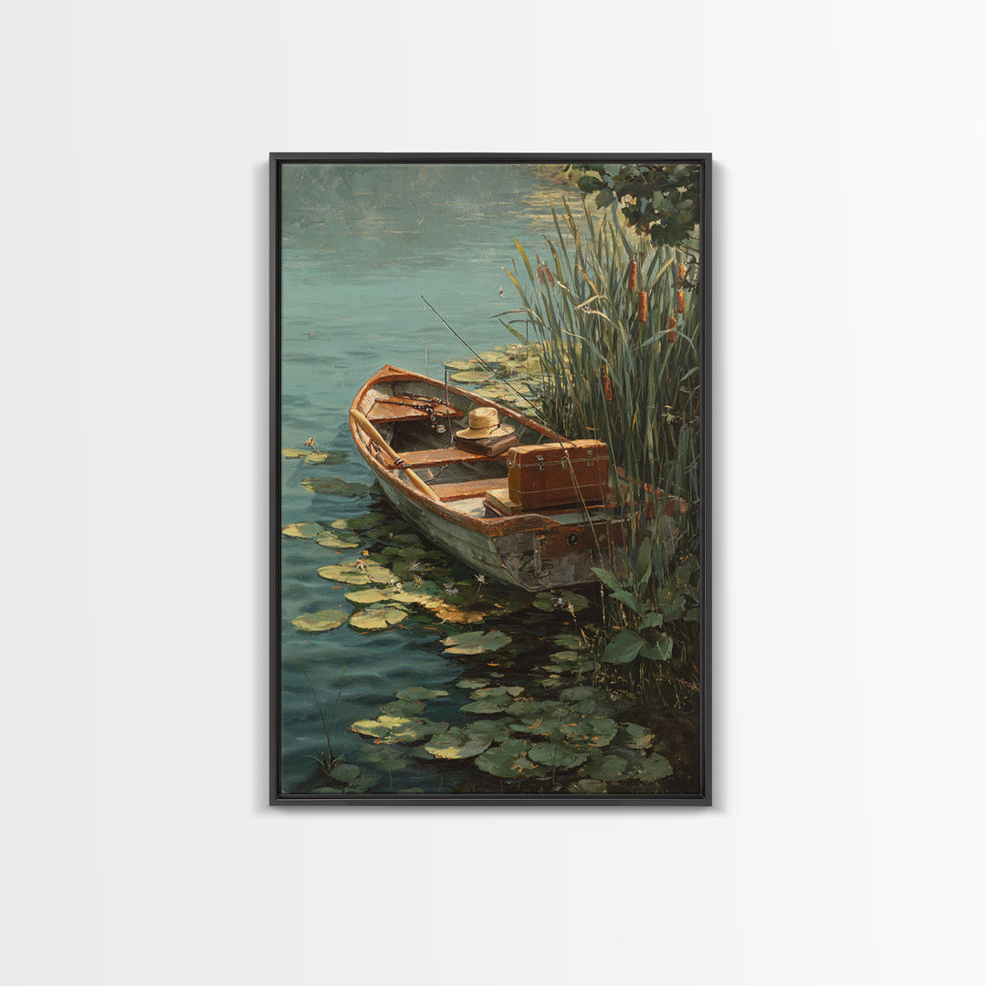 Cozy Contemporary Fishing Boat by Waterfall Original Oil Painting Wall Art Framed Canvas Print for Rustic Decor
