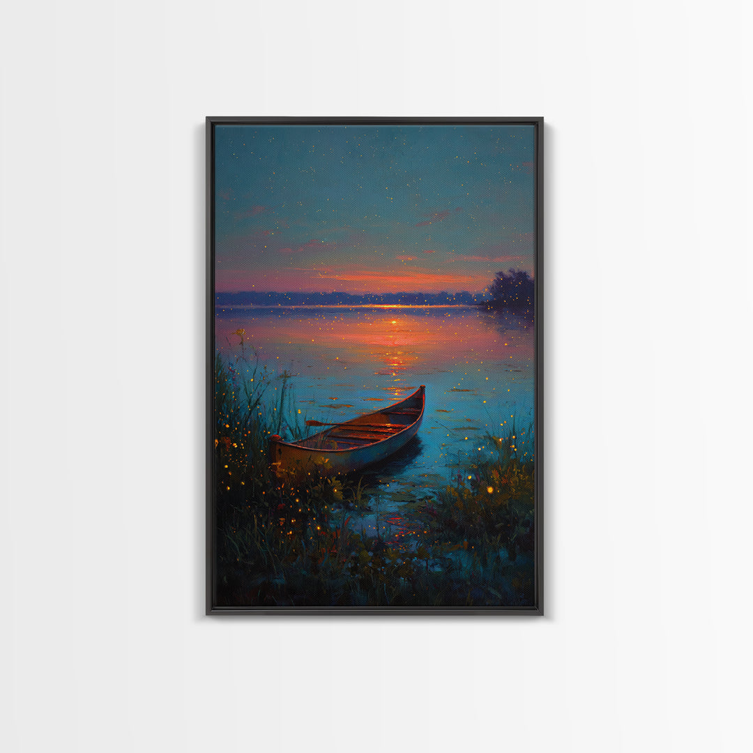Serene Firefly Canoe Landscape At Twilight Oil Painting Large Wall Art Framed Canvas Print For Relaxing Home And Living Room
