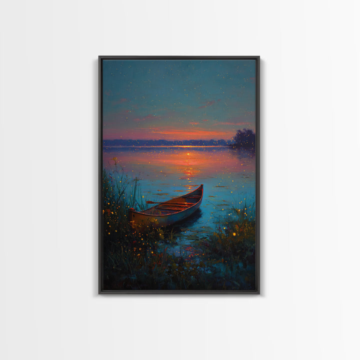 Serene Firefly Canoe Landscape At Twilight Oil Painting Large Wall Art Framed Canvas Print For Relaxing Home And Living Room