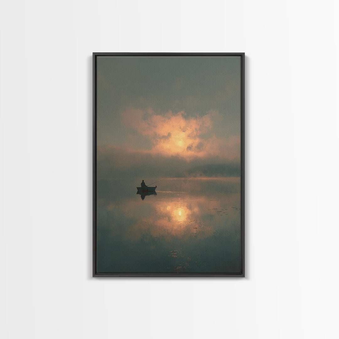 Peaceful Lone Fisherman At Sunset Canvas Print, Serene Lake Scene Wall Art, Tranquil Home Decor For Living Room