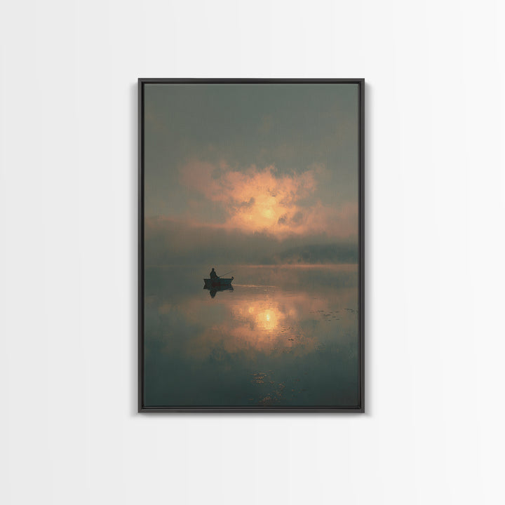 Peaceful Lone Fisherman At Sunset Canvas Print, Serene Lake Scene Wall Art, Tranquil Home Decor For Living Room