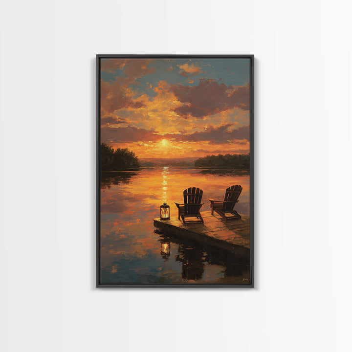 Warm Sunset Landscape Oil Painting With Adirondack Chairs And Reflection On Water Wall Art Framed Canvas Print