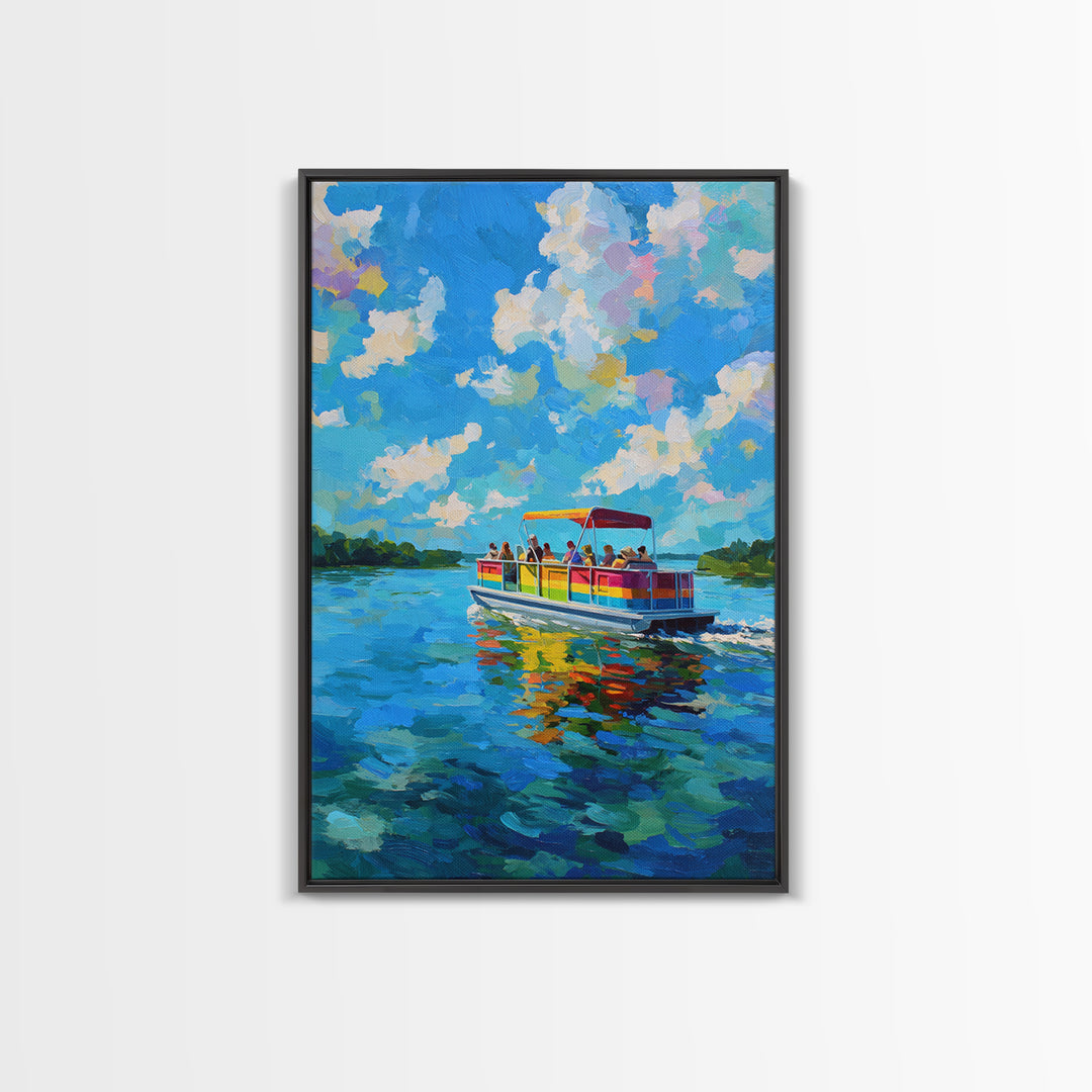 Vibrant Colorful Boat On Lake Under Blue Sky Bright Contemporary Painting Wall Art Framed Canvas Print