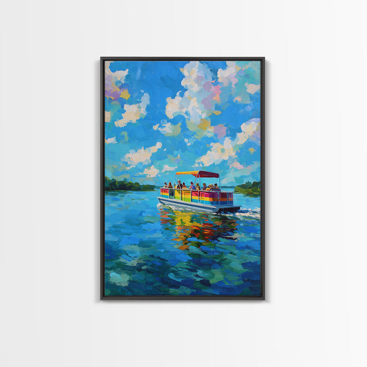 Vibrant Colorful Boat On Lake Under Blue Sky Bright Contemporary Painting Wall Art Framed Canvas Print