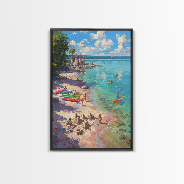 Impressionist Coastal Village Landscape Painting With Water And Boats Traditional Wall Art Large Framed Canvas Print