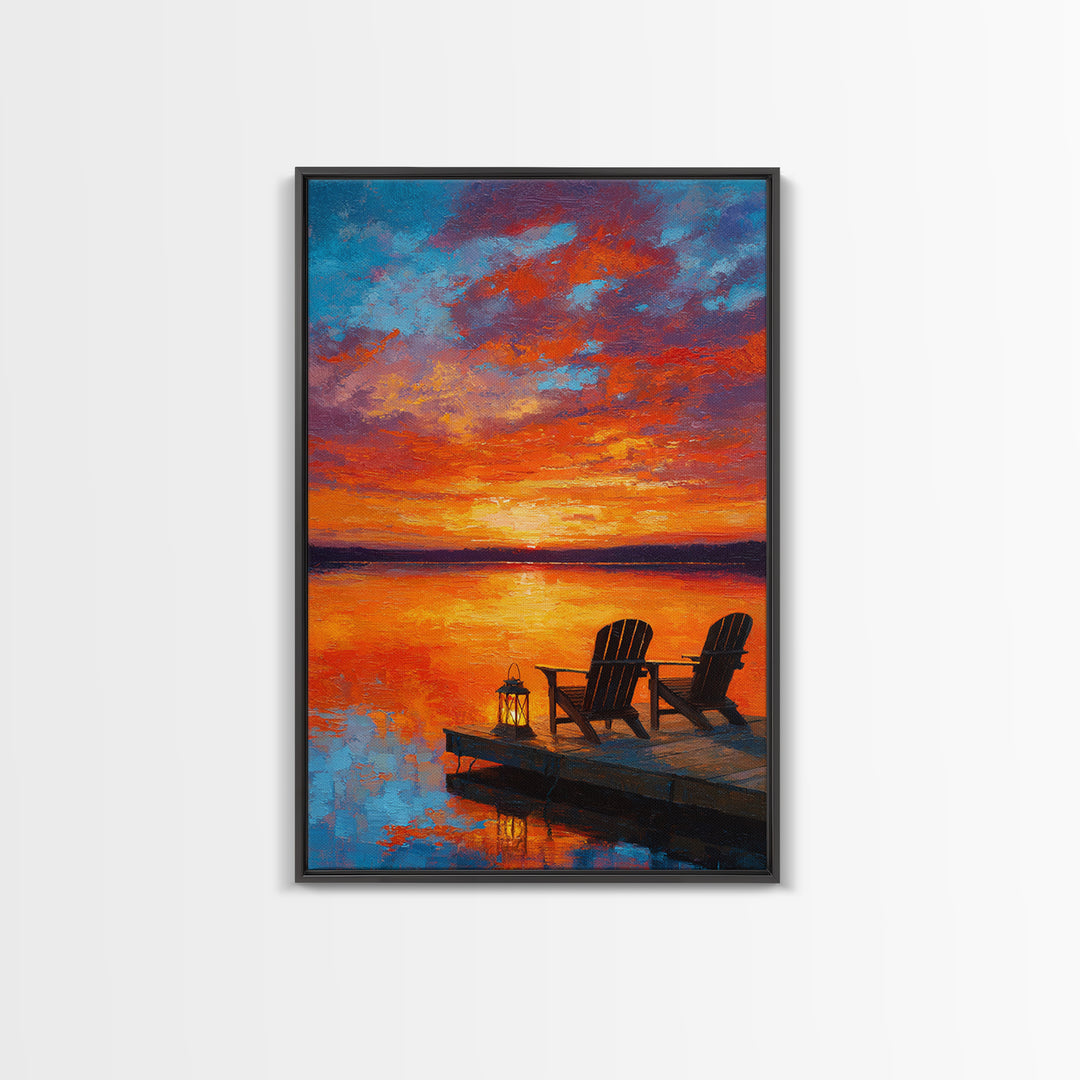 Warm Vibrant Sunset Lake Dock Scene Oil Painting Canvas Print Large Wall Art For Cozy Home Decor Living Room