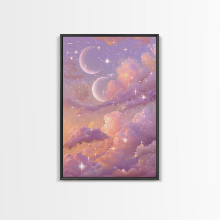 Pastel Moon And Star Cloud Canvas Print, Celestial Wall Art, Dreamy Nursery Decor, Whimsical Bedroom Decor, Gift For Her