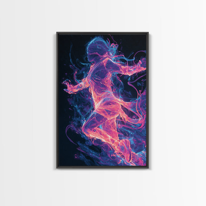 Neon Energy Dancer Framed Canvas Print, Abstract Figurative Art, Cyberpunk Decor, Vibrant Wall Art, Gift For Her, Modern Living Room Decor