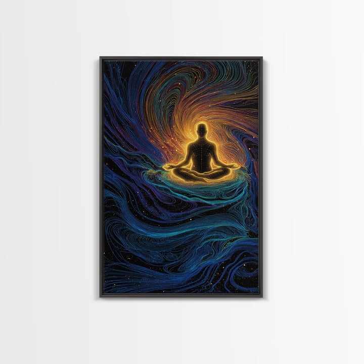 Glowing Meditation Figure Canvas Print, Spiritual Energy Wall Art, Psychedelic Zen Decor, Celestial Yoga Room Gift Decor