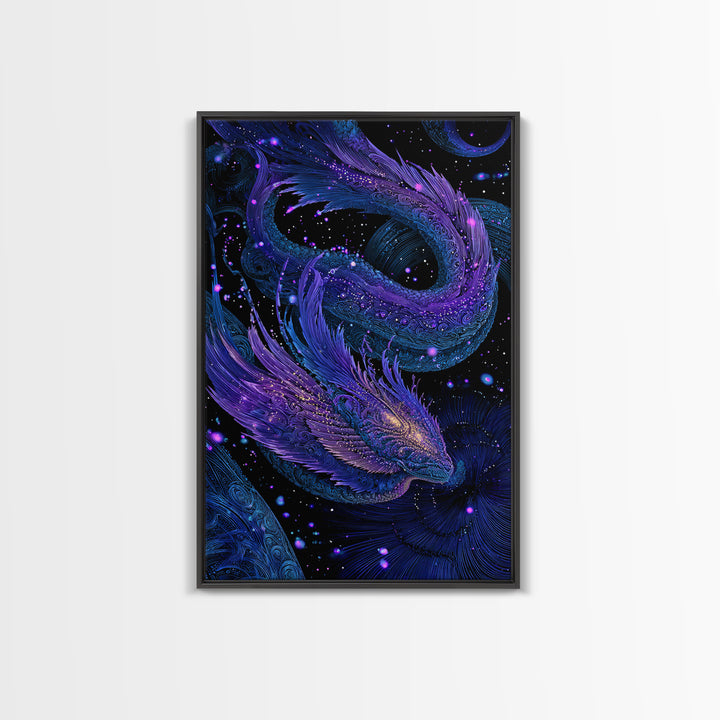 Celestial Twin Dragon Canvas Print, Purple Blue Fantasy Art, Mythical Space Wall Decor For Gamer Room And Unique Gift Idea