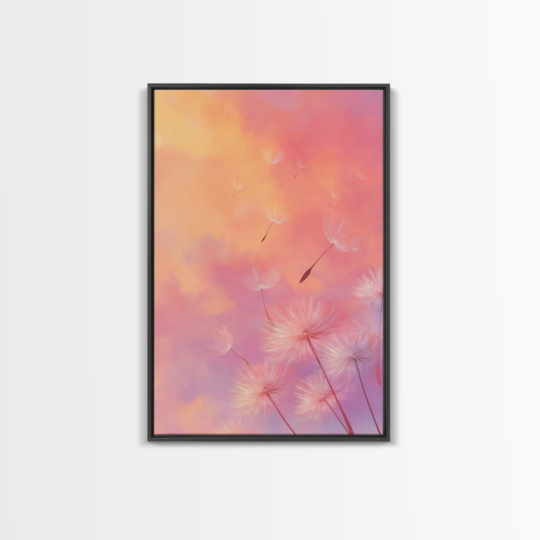Floating Dandelion Seeds At Sunset Canvas Print, Pink Orange Wall Art For Bedroom Decor, Dreamy Feminine Nursery Art Gift