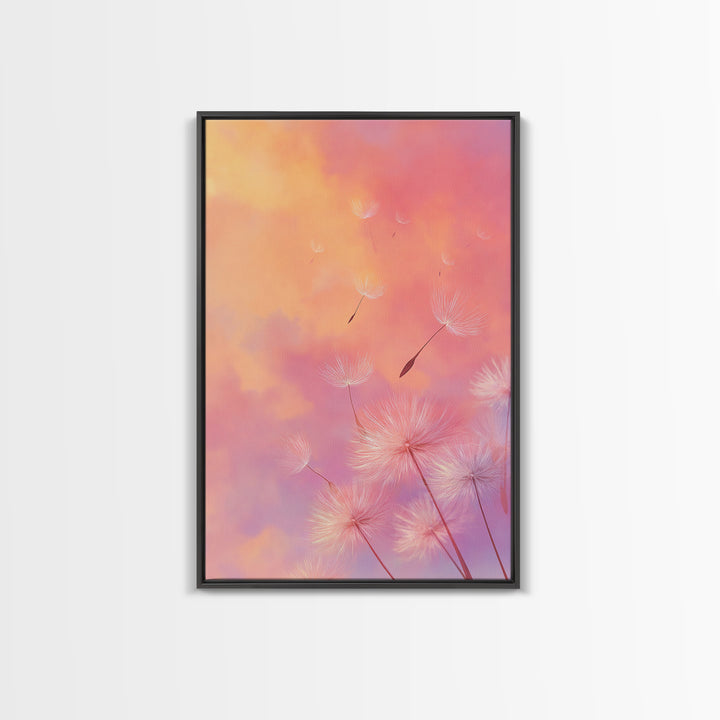 Floating Dandelion Seeds At Sunset Canvas Print, Pink Orange Wall Art For Bedroom Decor, Dreamy Feminine Nursery Art Gift