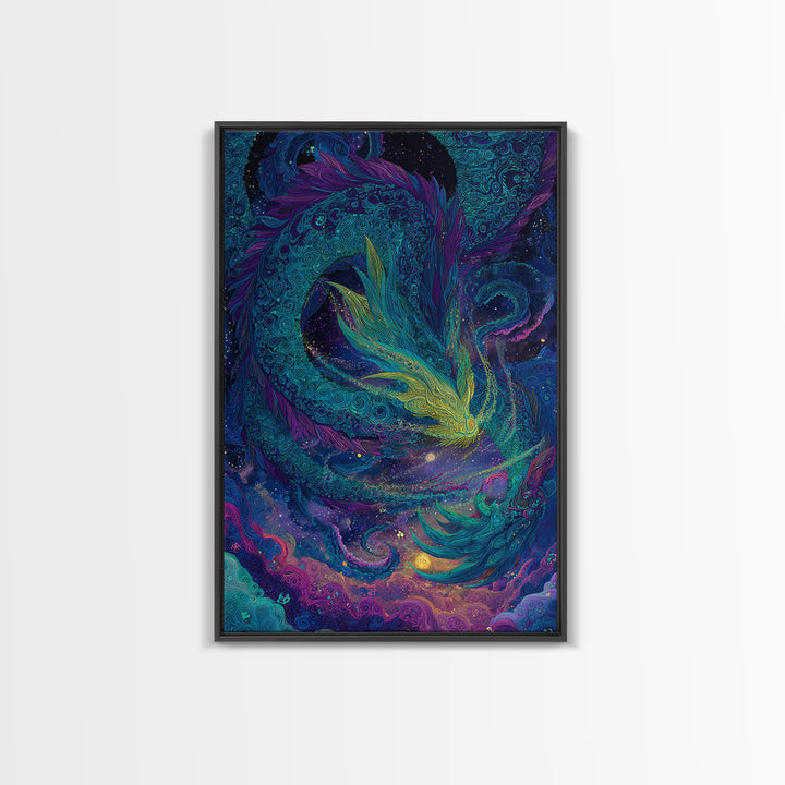 Cosmic Teal Dragon Wall Art, Fantasy Serpent Painting, Celestial Decor, Mystical Canvas, Unique Gift For Fantasy Lovers Decor