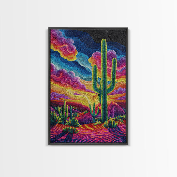 Vibrant Desert Landscape Painting With Cactus And Colorful Sunset Sky Wall Art Modern Home Decor Canvas Print