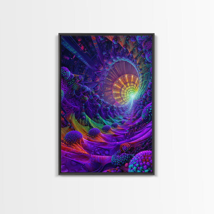 Neon Fractal Spiral Tunnel Canvas Print, Psychedelic Abstract Wall Art, Vibrant Futuristic Decor, Statement Artwork Gift