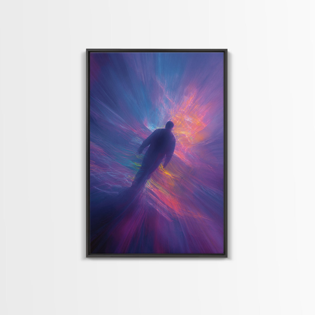 Neon Astral Figure In Purple Light Vortex Wall Art, Psychedelic Abstract Art Print, Celestial Space Decor, Modern Wall Decor