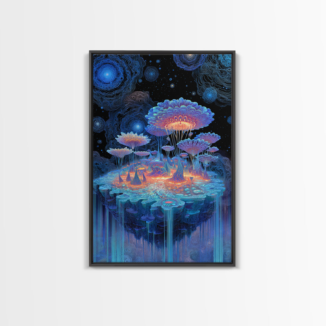 Bioluminescent Mushroom Island Framed Canvas Print, Fantasy Landscape Wall Art, Psychedelic Decor, Whimsical Nature Art
