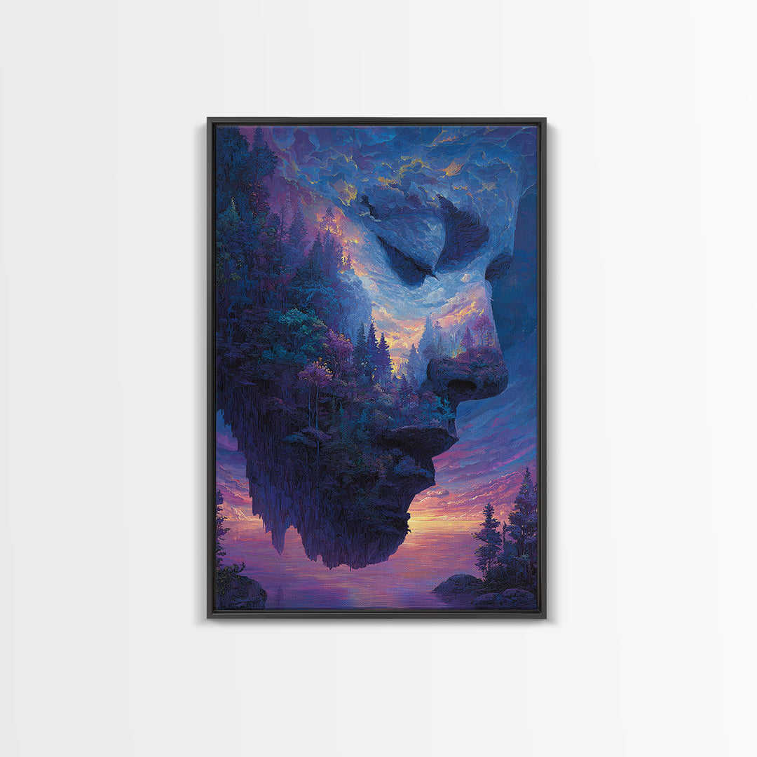 Misty Mountain Landscape With Serene Buddha Silhouette Black And White Framed Canvas Print Wall Art