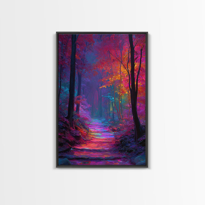 Vibrant Colorful Autumn Forest Path Wall Art With Bright Pink Yellow Foliage And Mystical Light Framed Canvas Print