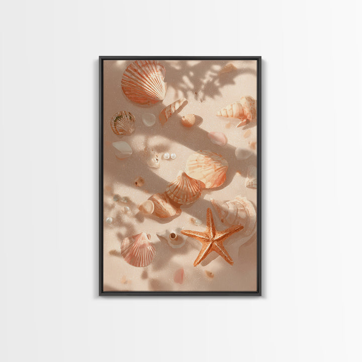 Sunlit Seashells And Starfish Framed Canvas Print, Coastal Wall Art For Beach House Decor, Nautical Bathroom Wall Decor Gift