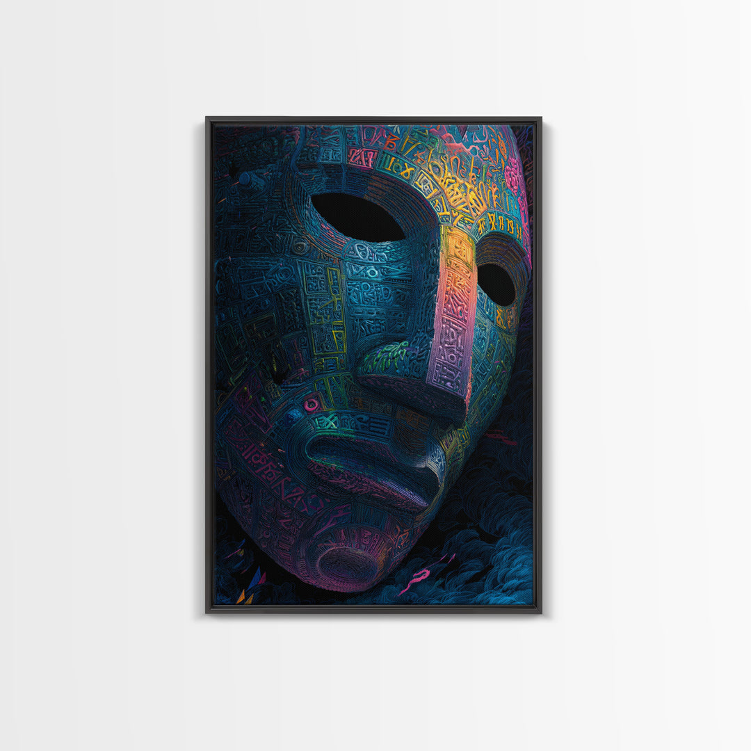 Neon Ancient Mask Portrait Wall Art, Dark Surreal Art Print, Psychedelic Gothic Decor, Futuristic Statement Artwork Gift