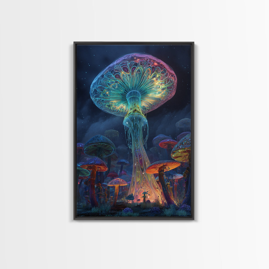 Vibrant Neon Mushroom Fantasy Landscape Canvas Print With Glowing Magical Fungi In A Mystical Night Forest Wall Art