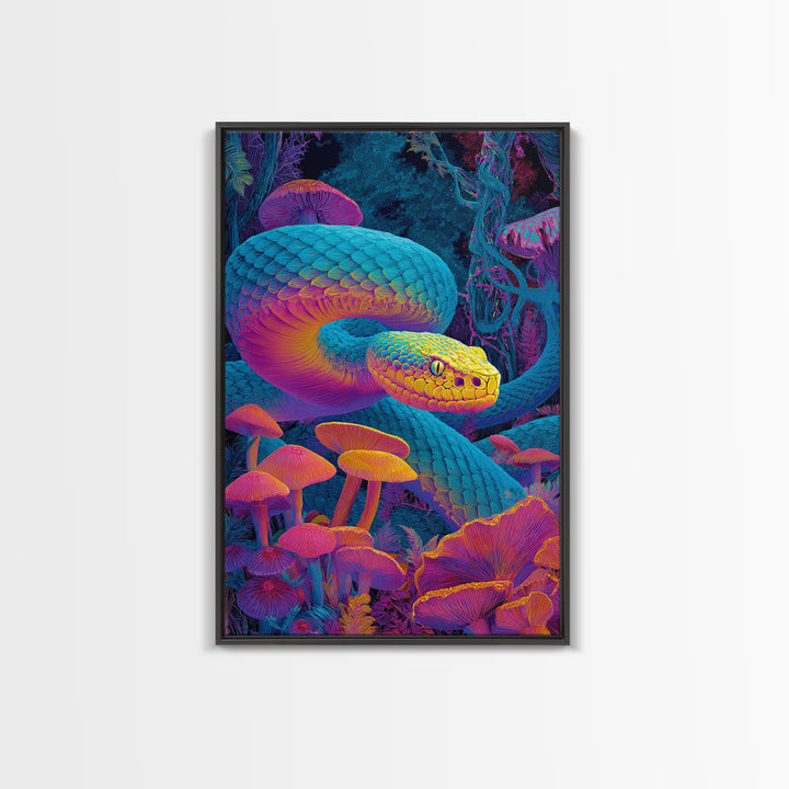 Vibrant Psychedelic Snake and Mushroom Art Wall Art Canvas Print Colorful Modern Wall Decor