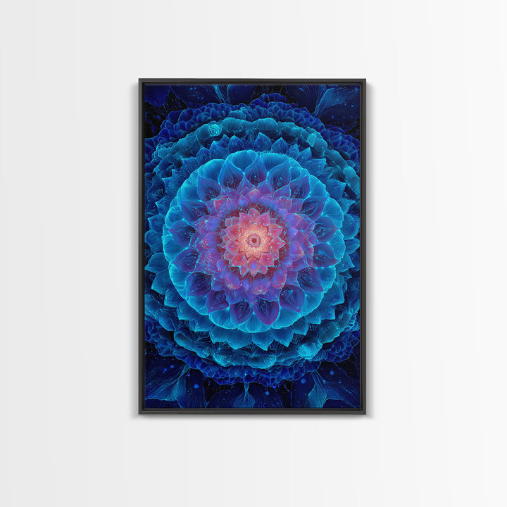 Glowing Blue Lotus Mandala Framed Canvas Print, Spiritual Wall Art, Meditation Decor, Celestial Abstract Art For Yoga Room
