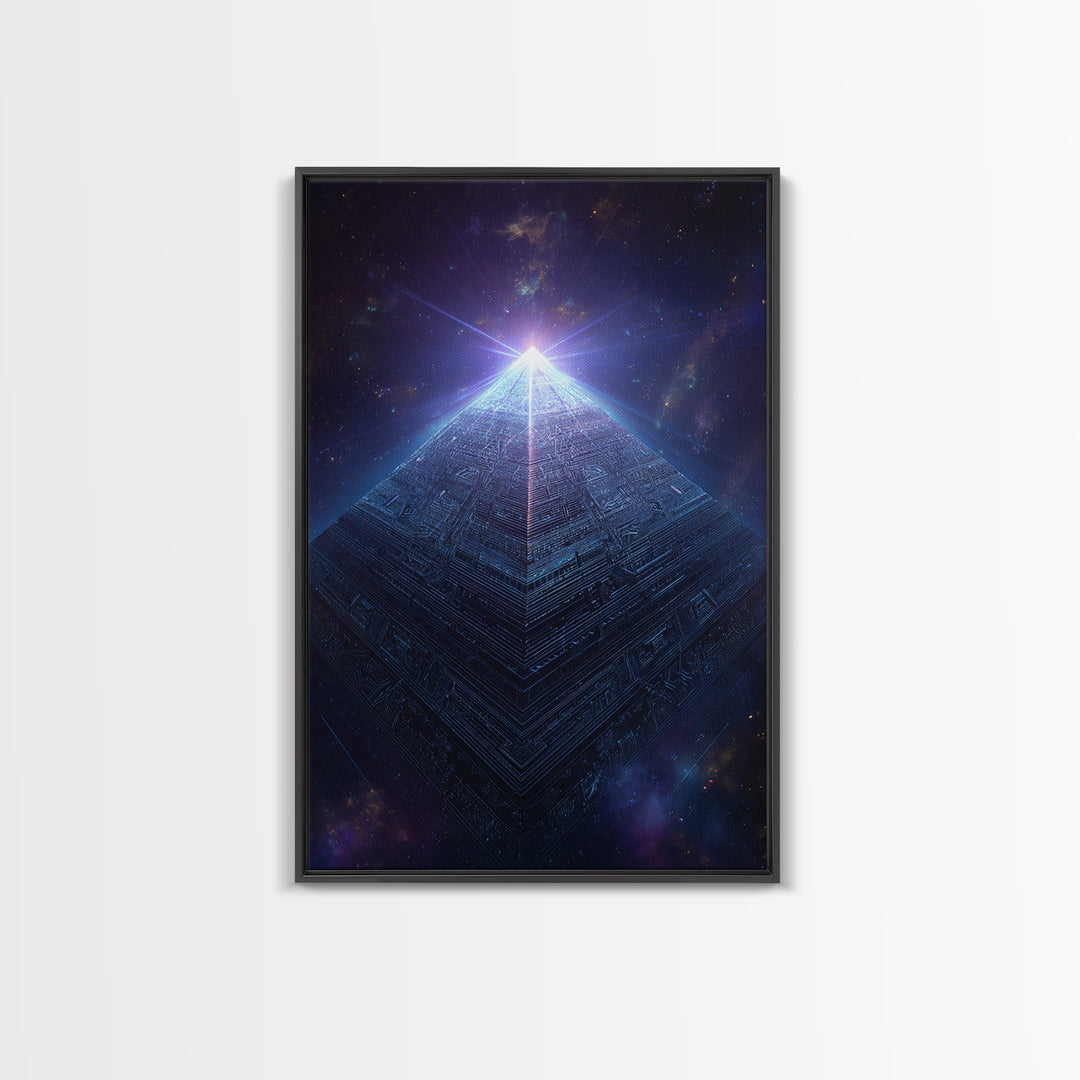 Luminous Cosmic Pyramid In Starry Space Wall Art, Geometric Sci Fi Art Print, Futuristic Decor, Mystical Statement Wall Art