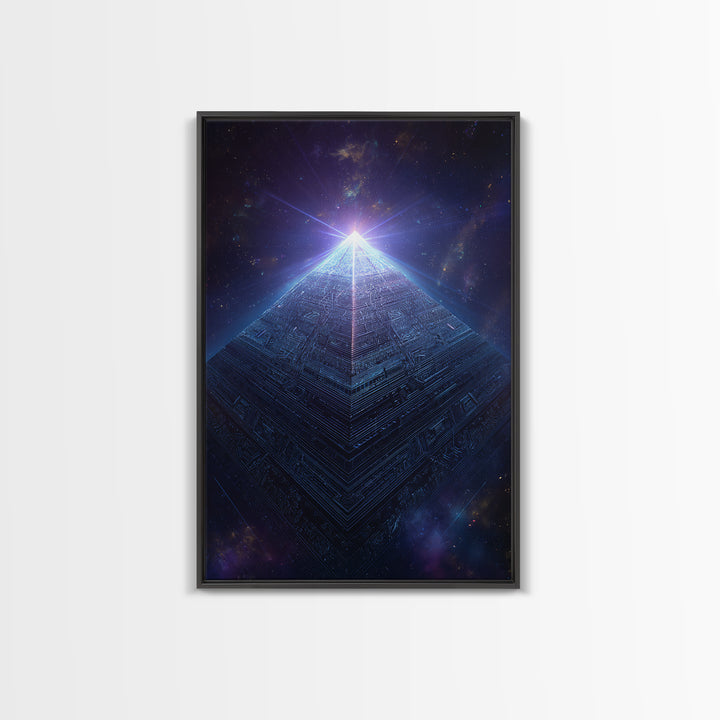 Luminous Cosmic Pyramid In Starry Space Wall Art, Geometric Sci Fi Art Print, Futuristic Decor, Mystical Statement Wall Art