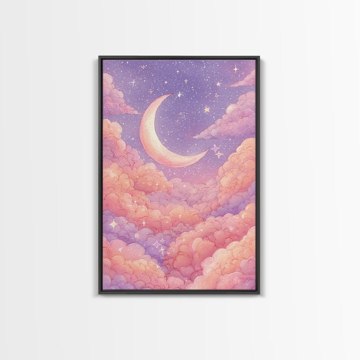 Pastel Crescent Moon In Pink Clouds Wall Art, Celestial Nursery Art, Dreamy Moon And Stars Decor For Bedroom Wall Decor Gift