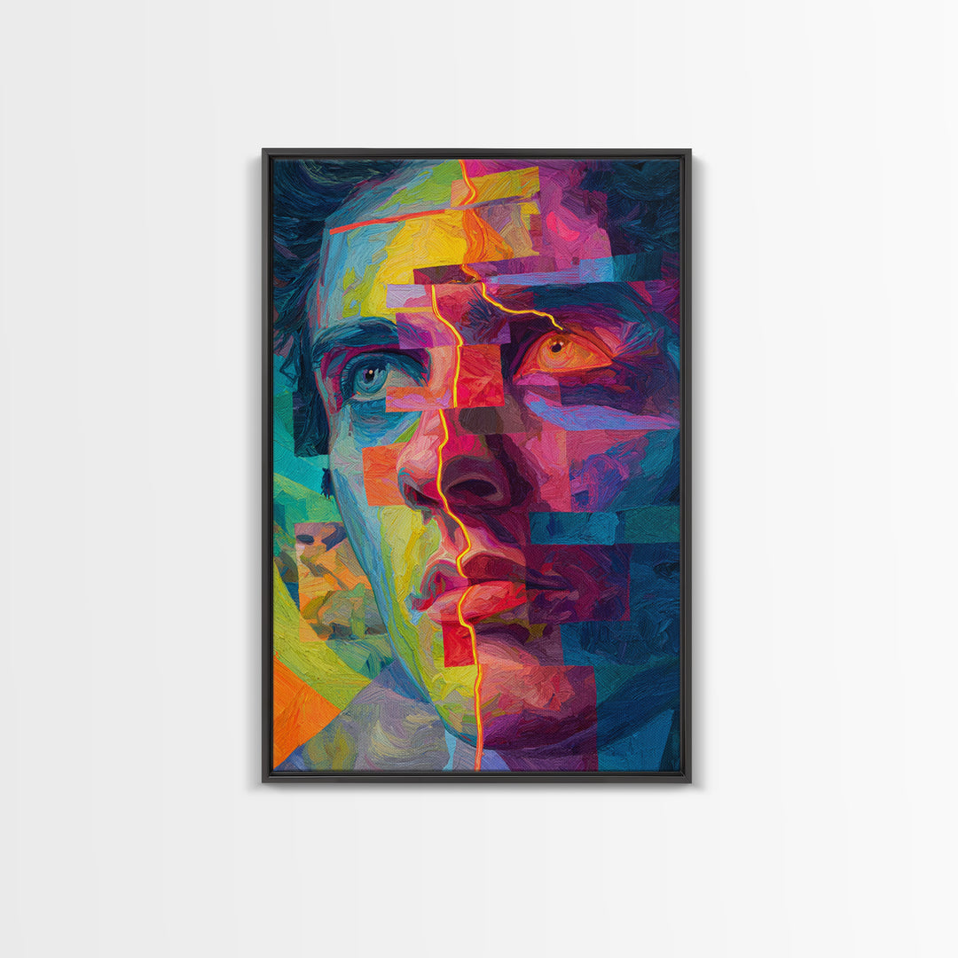 Colorful Abstract Portrait With Bold Brushstrokes And Geometric Lines Wall Art Framed Canvas Print For Modern Art Lovers