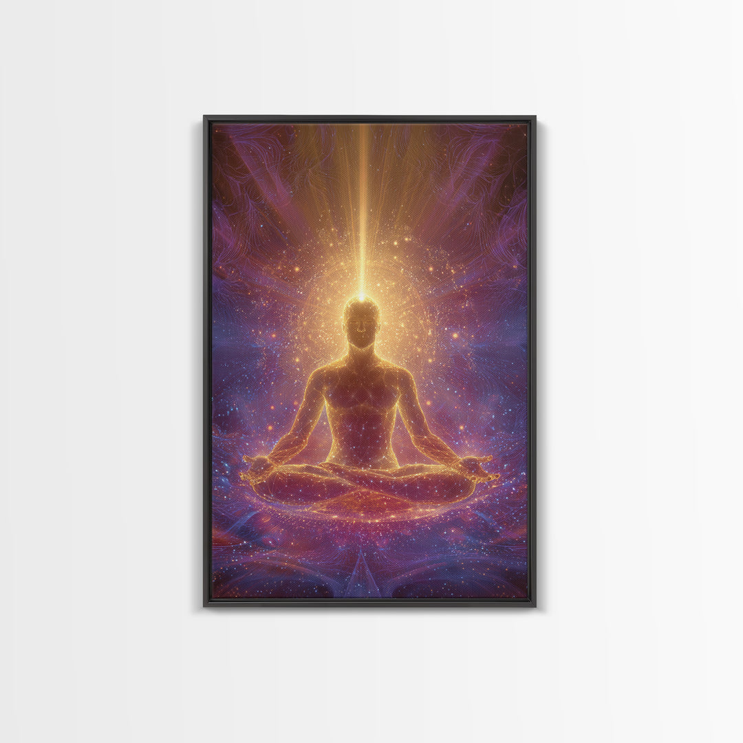 Spiritual Meditation Man Illuminated In Cosmic Energy Glow Wall Art Canvas Print For Mindfulness Home And Yoga