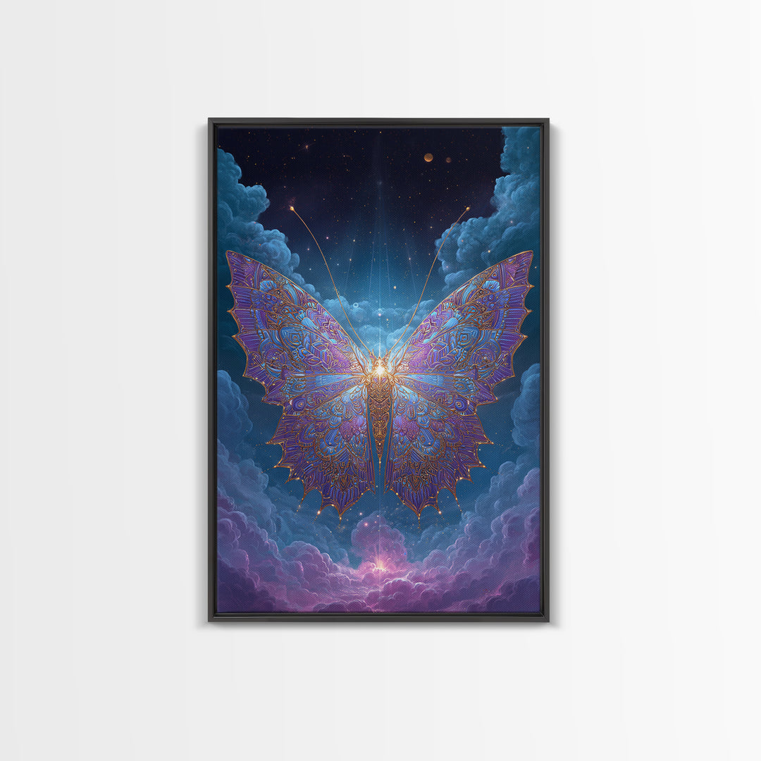 Radiant Celestial Butterfly Framed Canvas Print, Fantasy Insect Wall Art, Mystical Cloud Decor, Ethereal Nursery Gift Idea