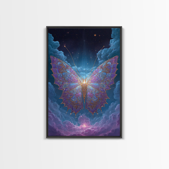 Radiant Celestial Butterfly Framed Canvas Print, Fantasy Insect Wall Art, Mystical Cloud Decor, Ethereal Nursery Gift Idea