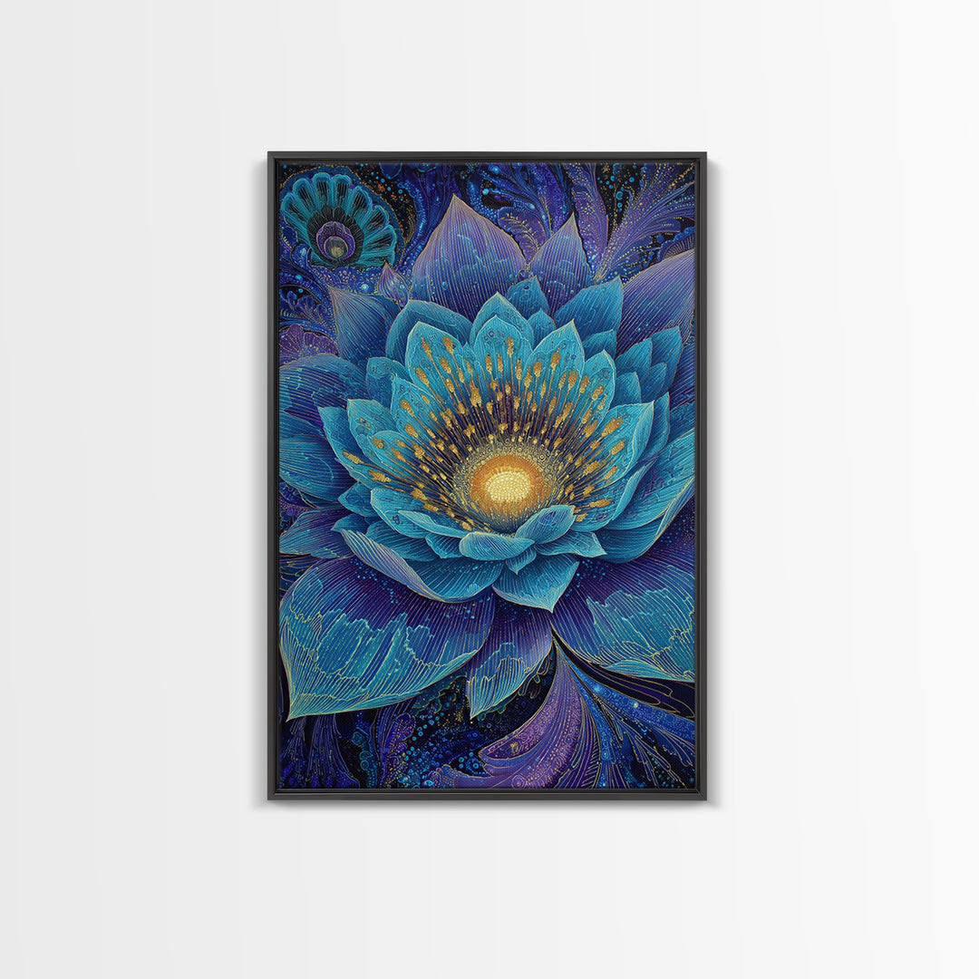 Radiant Blue Lotus Flower Wall Art, Spiritual Botanical Print, Meditation Room Decor, Boho Yoga Studio Canvas Gift For Her