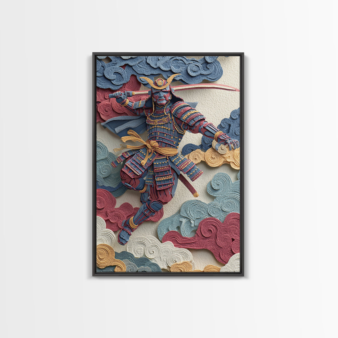 Blue Red Samurai Warrior With Katana Framed Canvas Print, Japanese Wall Art For Martial Arts Decor And Masculine Office Decor