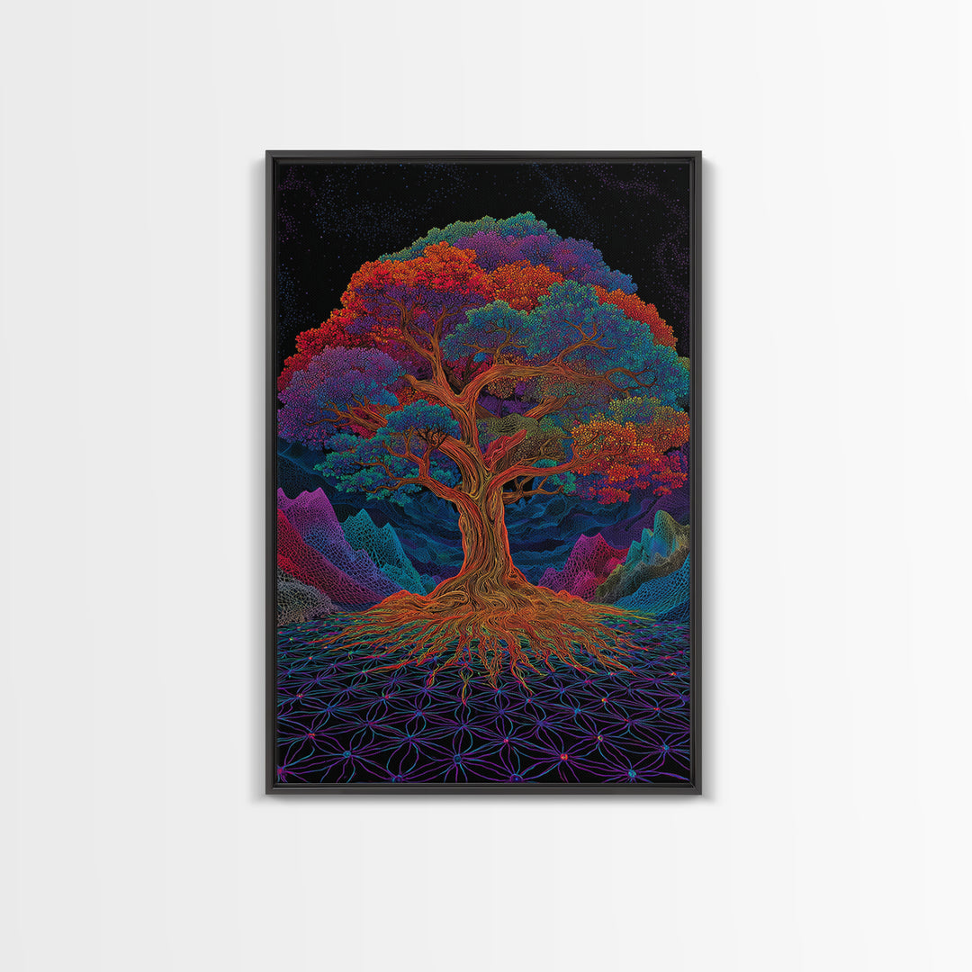 Vibrant Psychedelic Rainbow Tree With Abstract Roots Wall Art Canvas Print For Living Room And Boho Home Decor
