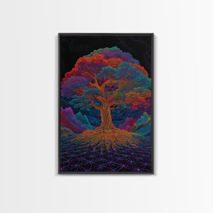 Vibrant Psychedelic Rainbow Tree With Abstract Roots Wall Art Canvas Print For Living Room And Boho Home Decor