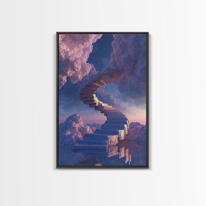 Stairway Through Pink Clouds Framed Canvas Print, Surreal Sky Wall Art, Dreamy Fantasy Decor, Ethereal Home Decor Gift Idea