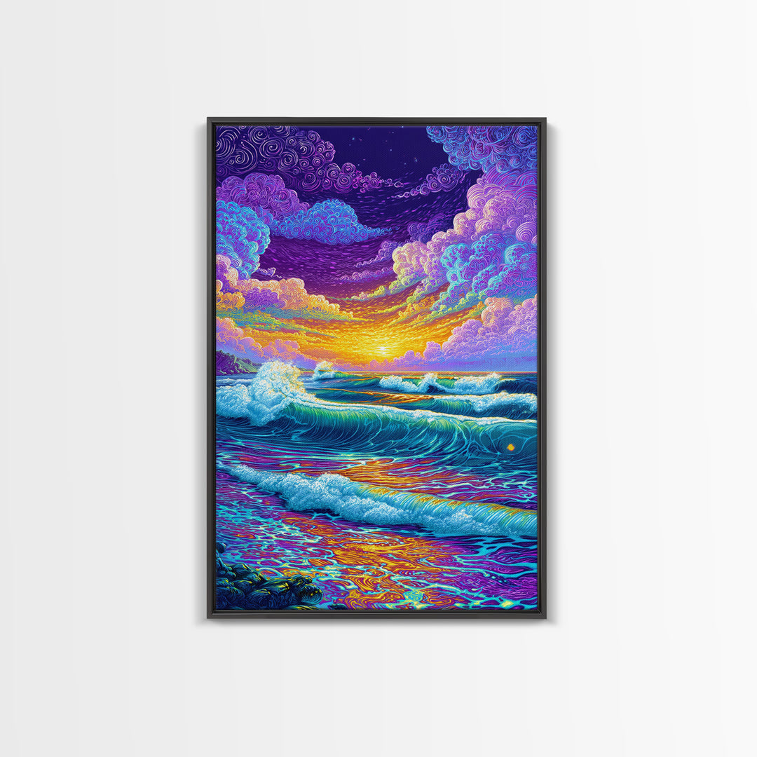 Colorful Ocean Waves Sunset Abstract Seascape Wall Art Canvas Print Bright Relaxing Living Room Decor Modern Coastal Art