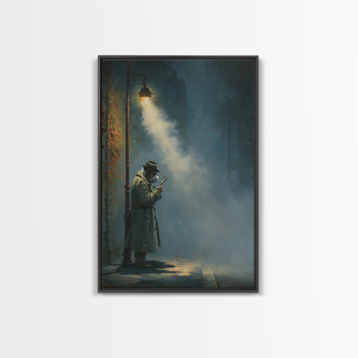 Moody Plague Doctor Under Street Lamp Wall Art, Dark Academia Art Print For Gothic Office Decor And Victorian Wall Decor