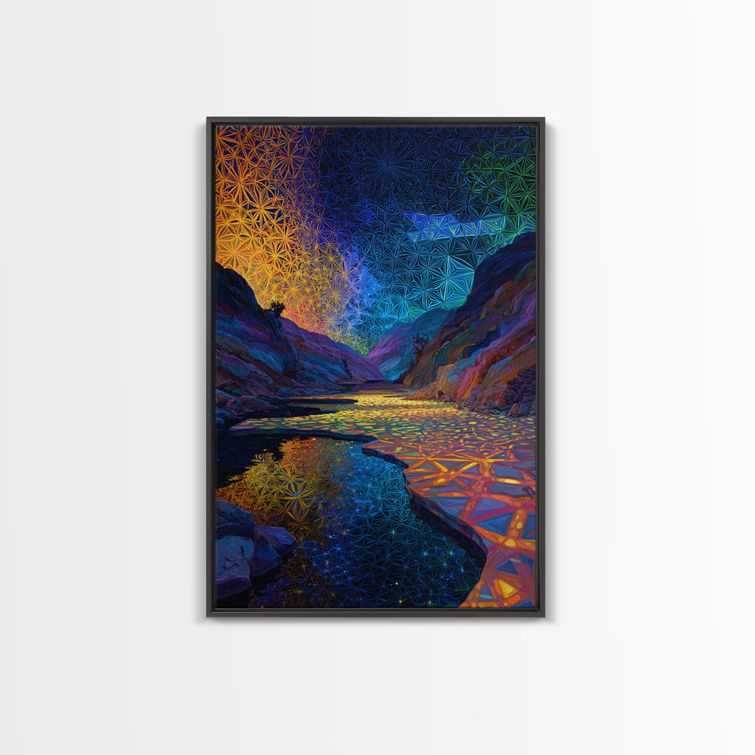 Sacred Geometry Canyon River Wall Art, Flower Of Life Landscape Print, Psychedelic Nature Decor, Meditation Room Wall Art